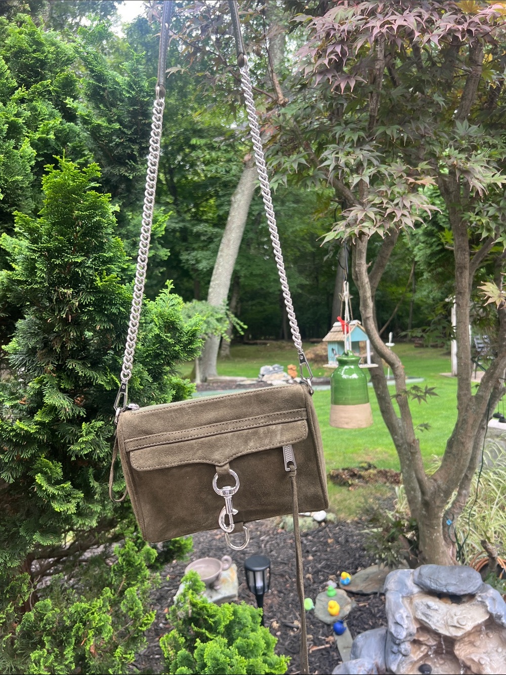 Olive Suede Messenger Bag with Silver Chain Strap